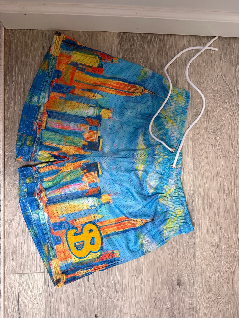 Men's Blue Cityscape Athletic Shorts with Drawstring